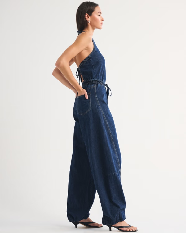 High-Neck Linen-Blend Denim Balloon Leg Jumpsuit