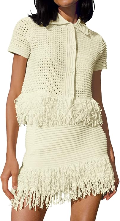 Knitted Fringed Top and Fringed Skirt Set