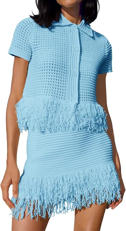 Knitted Fringed Top and Fringed Skirt Set