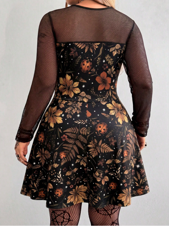 Women's Summer Black Gothic Rave Party Crew-Neck Dress