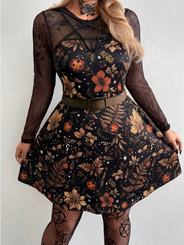 Women's Summer Black Gothic Rave Party Crew-Neck Dress