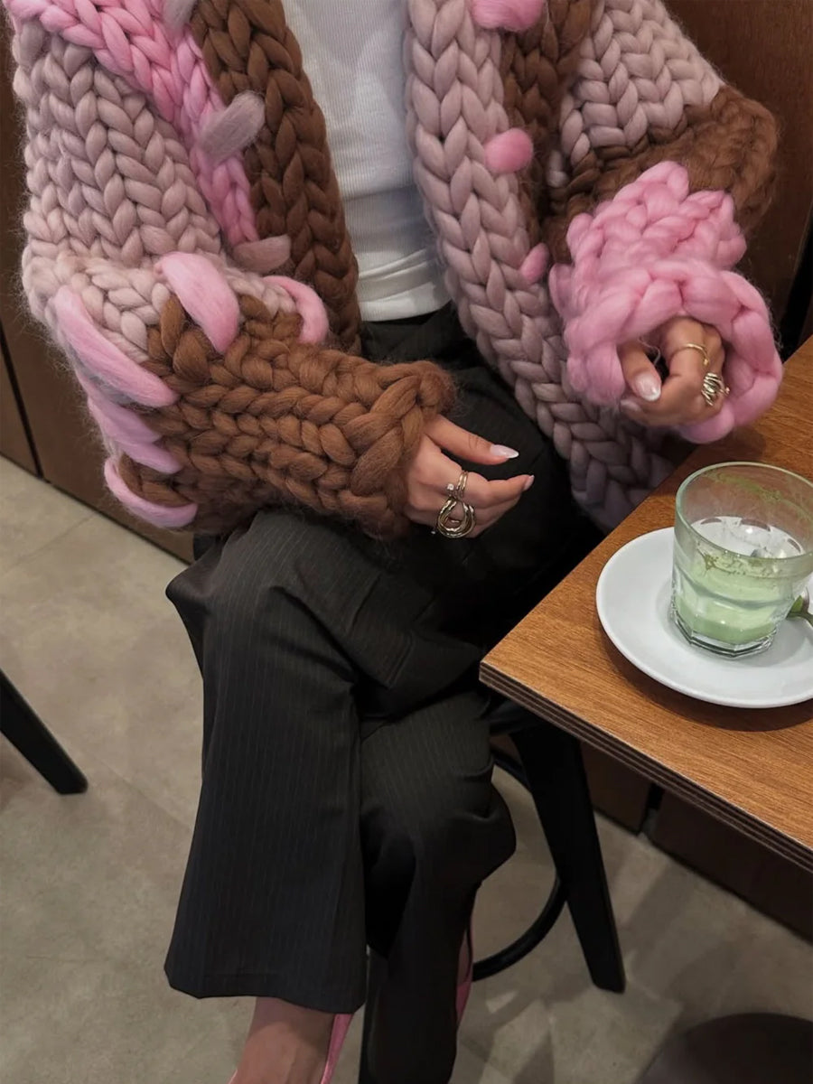 Asymmetrical Color Block Knit Balloon Sleeves Jacket