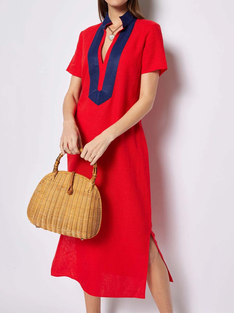 Grosgrain Trim At Collar V-neck Dress