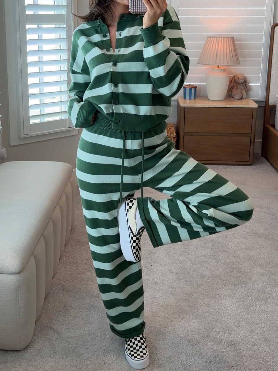 Striped Button Up Cardigan & Wide Leg Pants Two Pieces Set