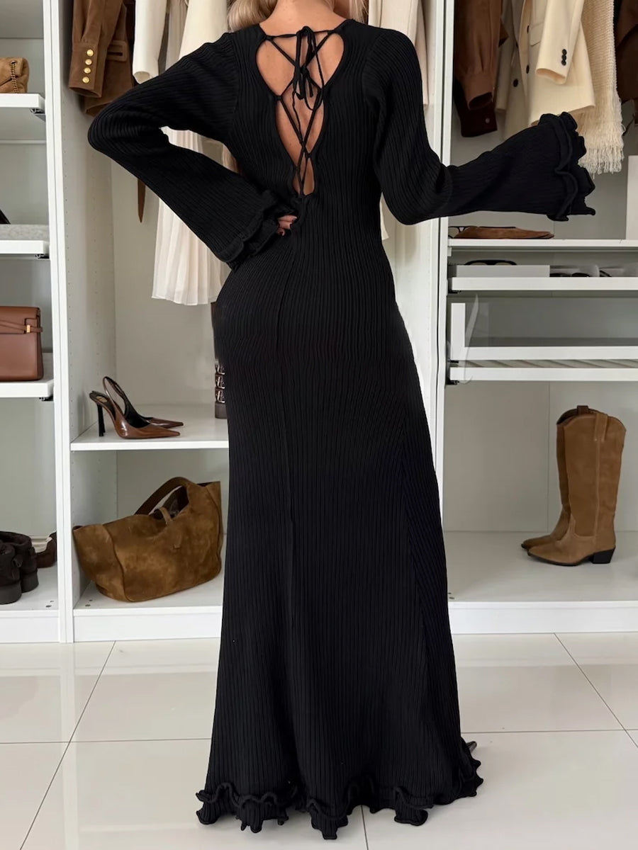 Round Neck Ruffled Sleeve Lace-up Dress