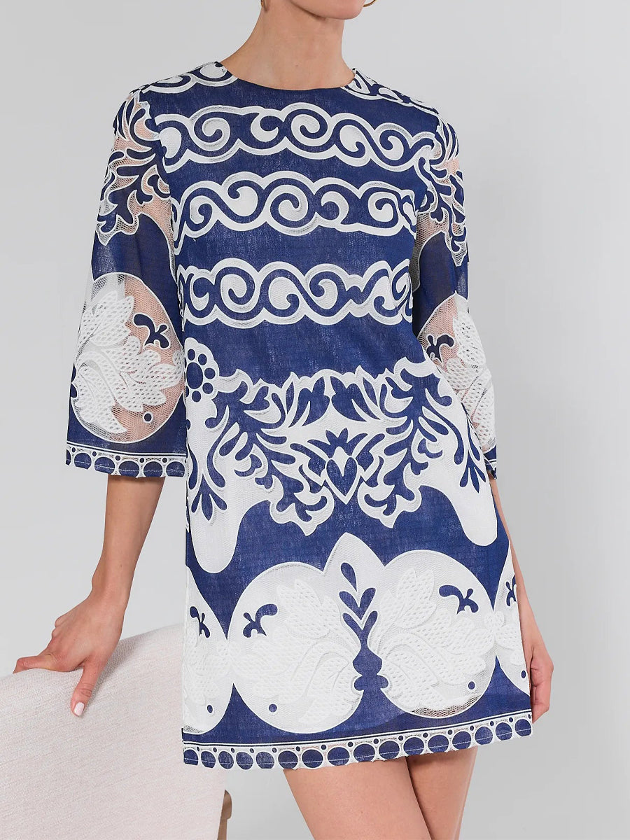 Embroidered Sheer Details 3/4 sleeves A-line Mini Dress
