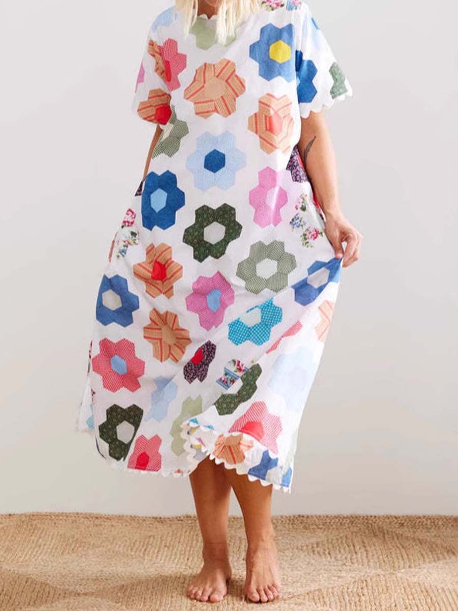 Printed Loose Casual Lace-up Dress