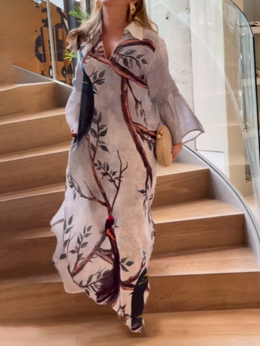 Printed V Neck Loose Dress