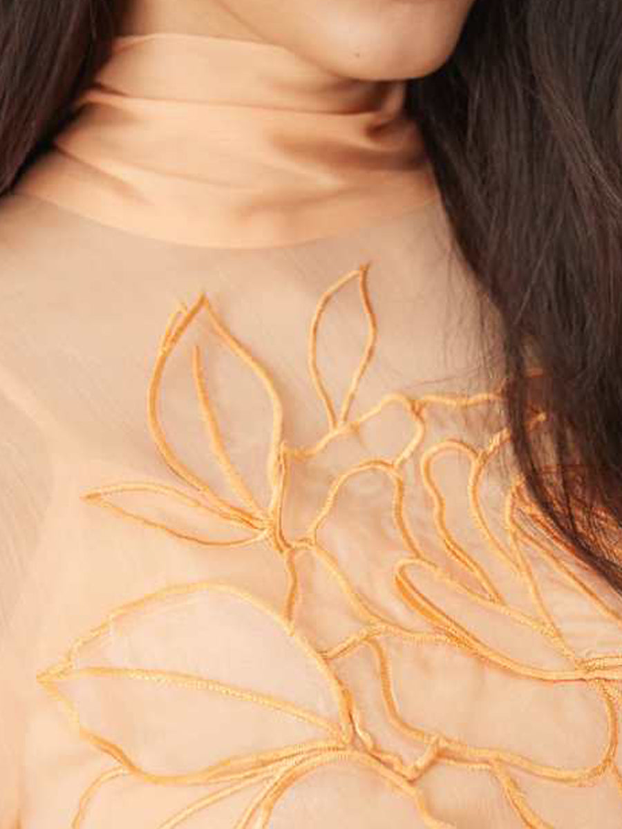 Applique Floral Tie Neck Blouson Sleeve Maxi Dress