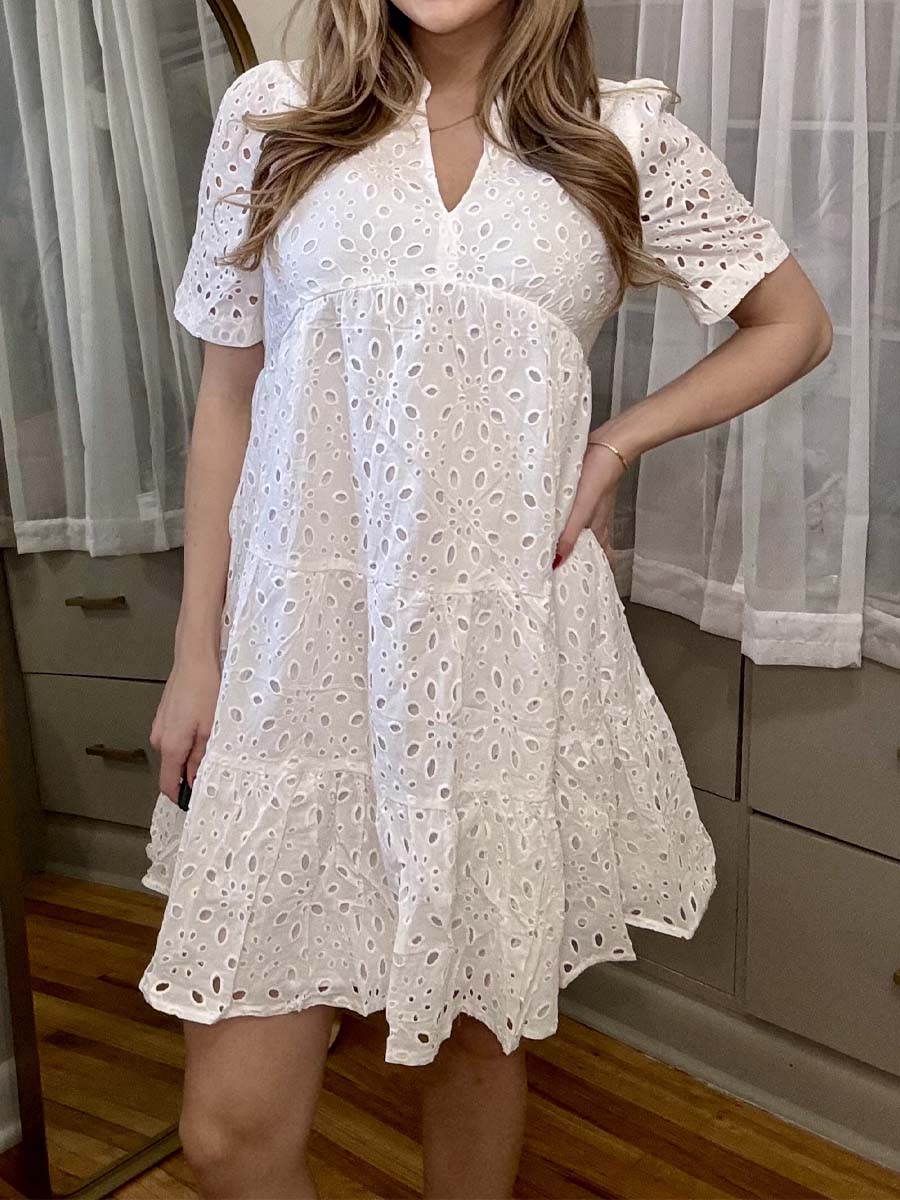 V-neck Hollow-out Embroidered Dress