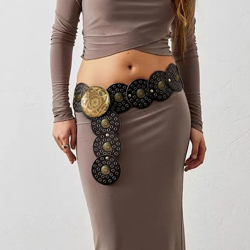Retro Exaggerated Round Cutout Metal Wide Belt