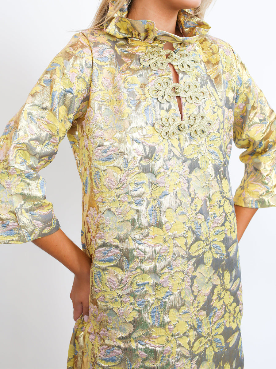 High Ruffle Collar Frog Closures Elegant Dress