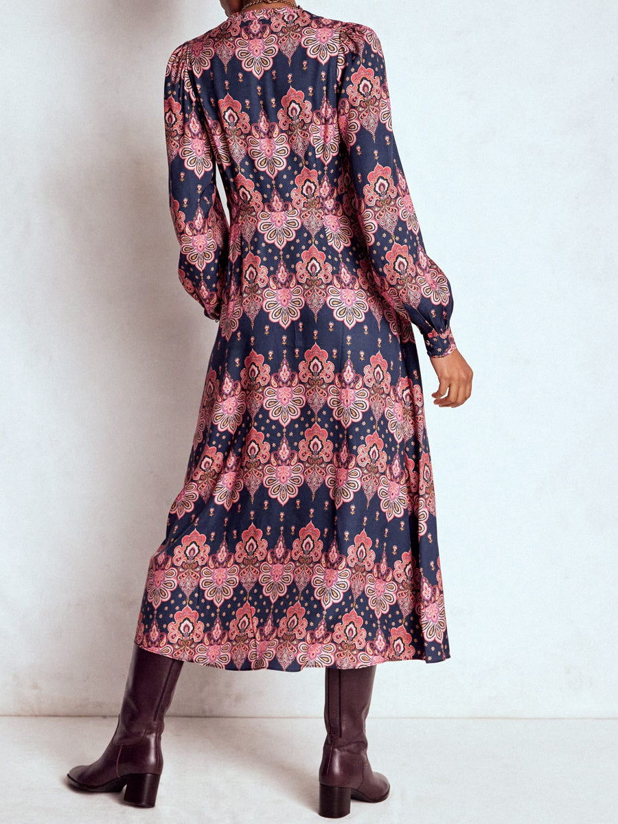 Printed V Neck Long Sleeve Dress