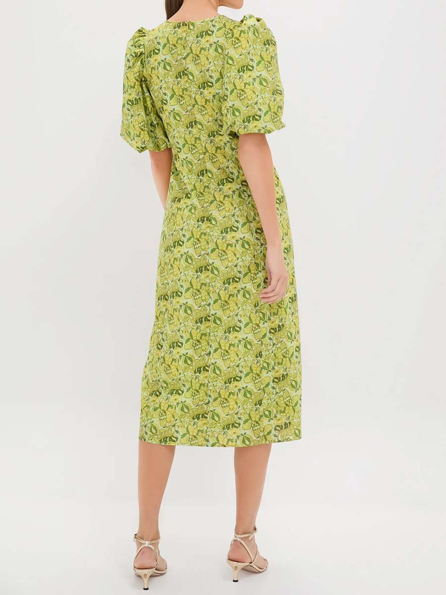 Floral Print V Neck Puff Sleeve Dress