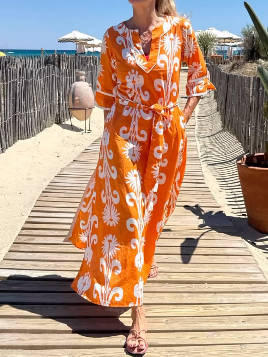 Split Neck Printed Belted Maxi Dress