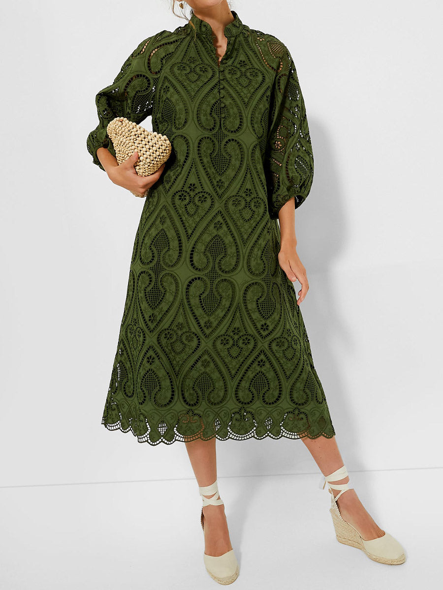 Eyelet Lace Balloon Sleeves Elasticated Cuffs Dress