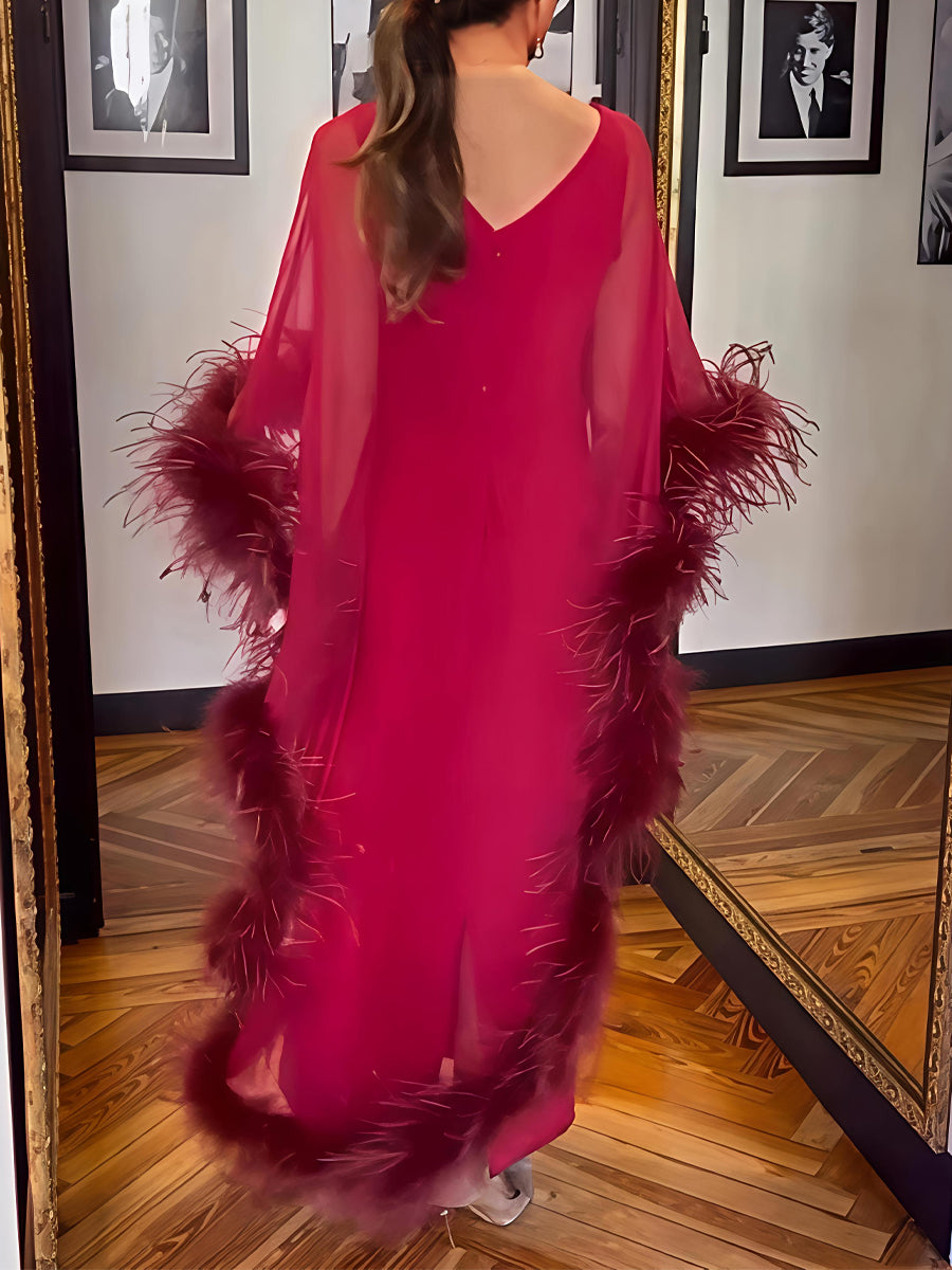 Feather Trim Cape Party Maxi Dress