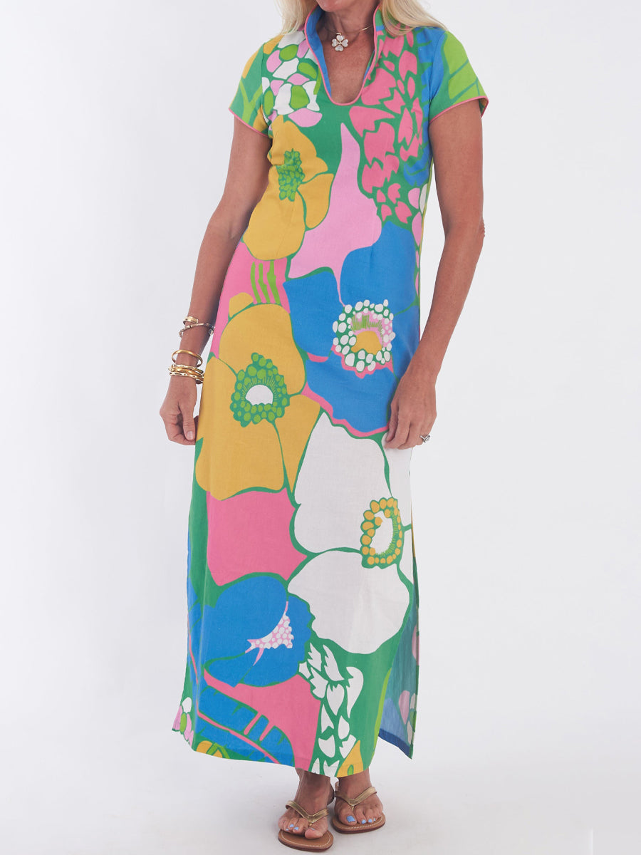 Printed Slit Hem V Neck Maxi Dress
