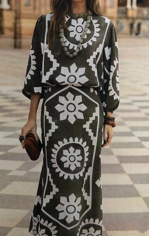 Printed  Long Sleeve Midi Dress