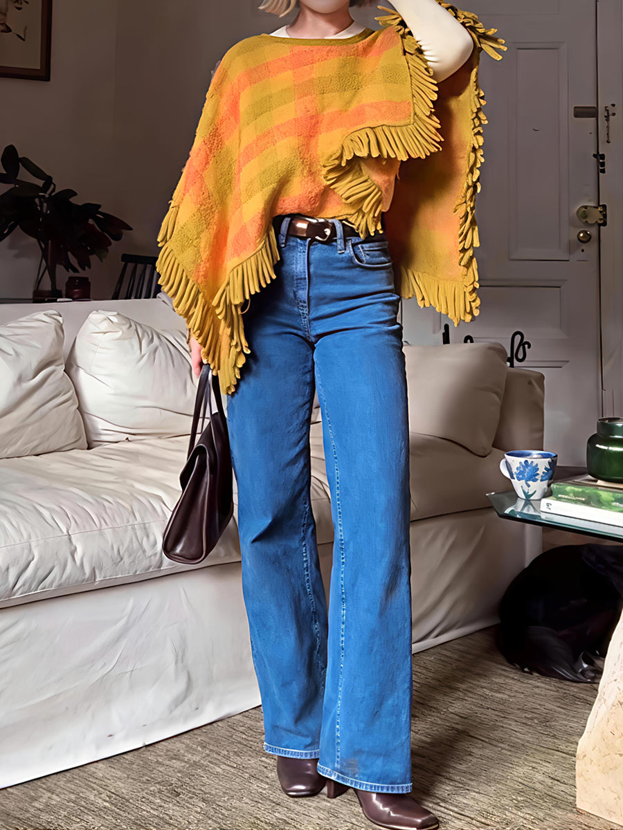 Plaid Print Tassel Hem Mohair Shawl