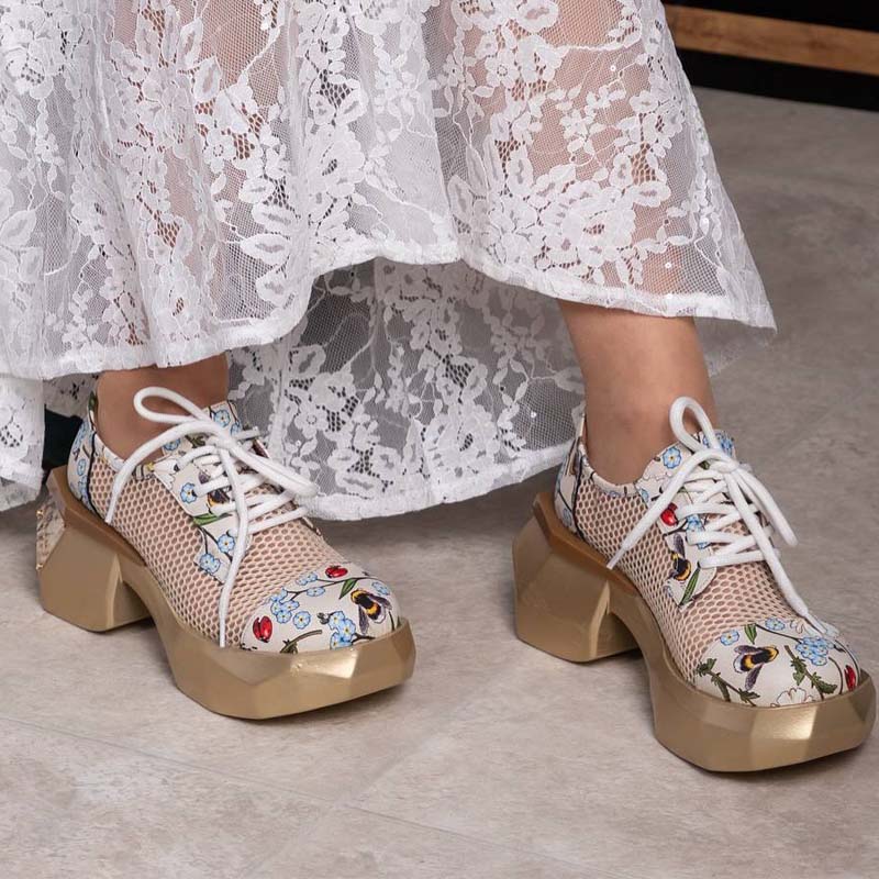 Mesh Cutout Lace-Up Platform Shoes