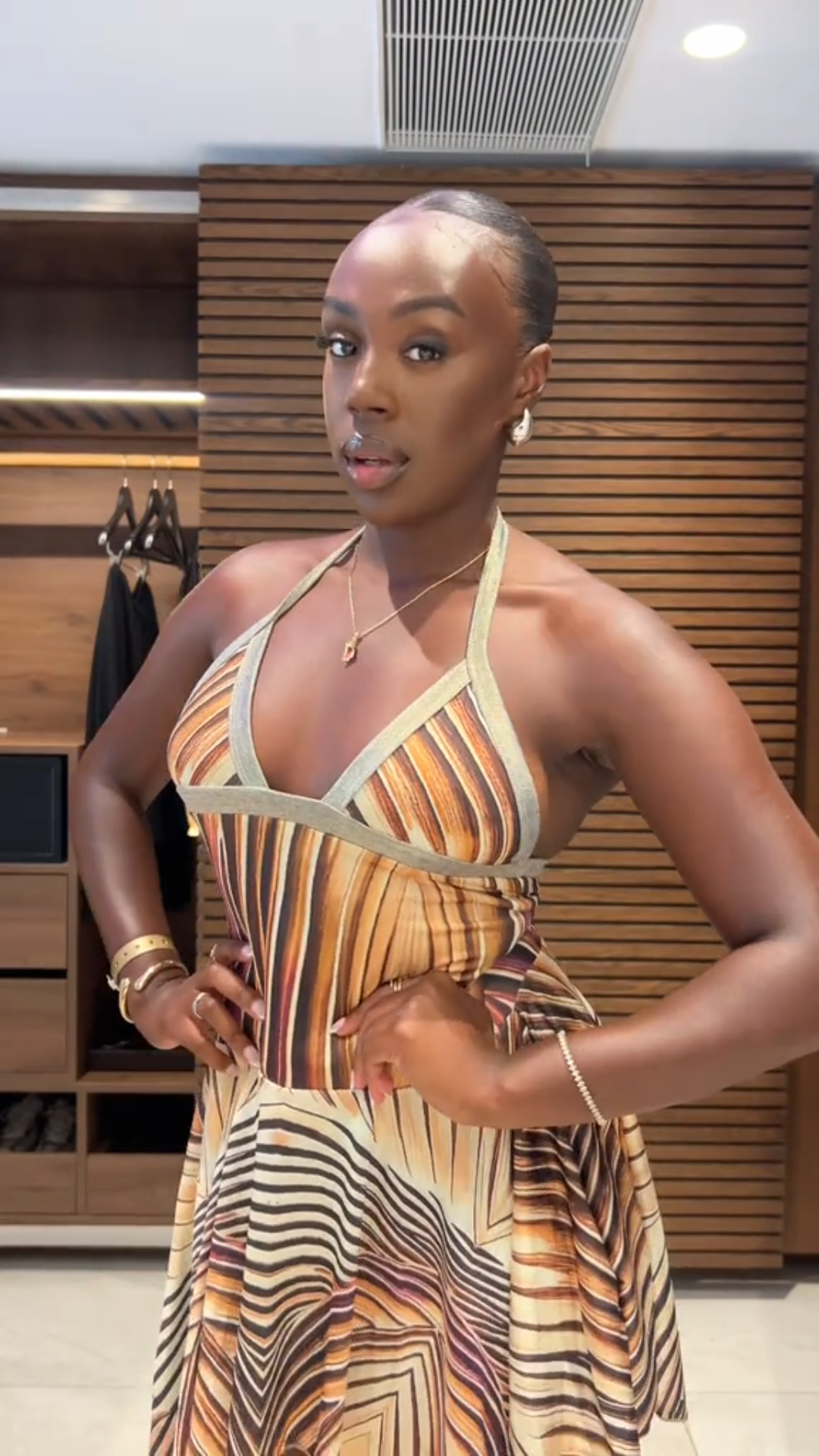 Brown Sleeveless Abstract Print Mini Dress