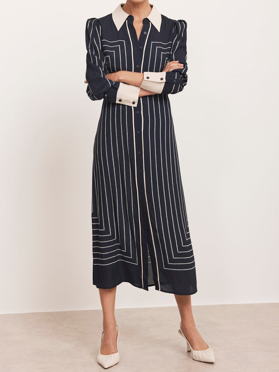 Patchwork Striped Midi Shirt Dress