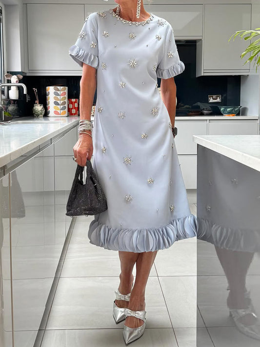 Elegant Beaded Floral-Trim Dress