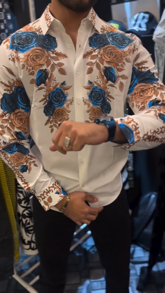 Light luxury hand-embroidered rhinestone rose shirt