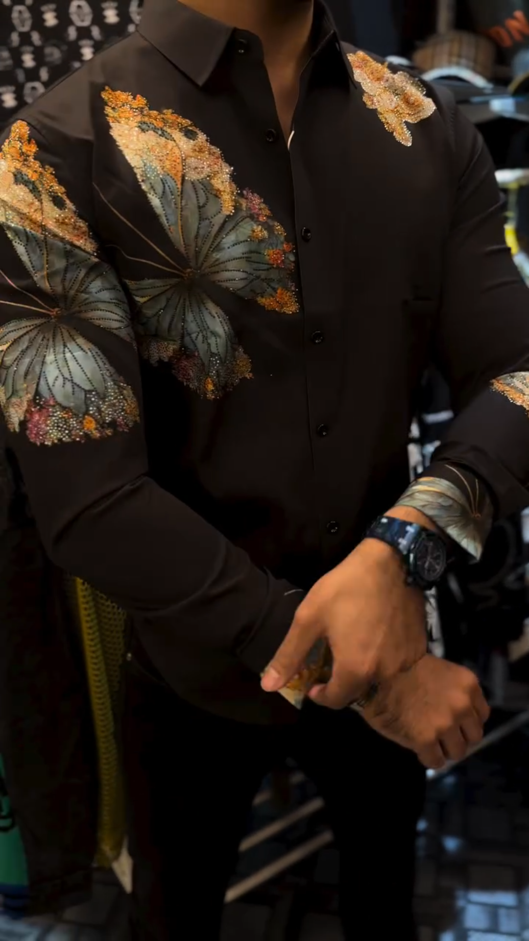 Light luxury hand-embroidered rhinestone butterfly shirt
