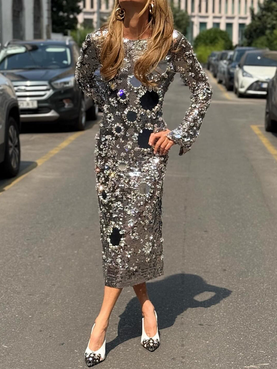 Sequined Round Neck Long Sleeve Straight Dress