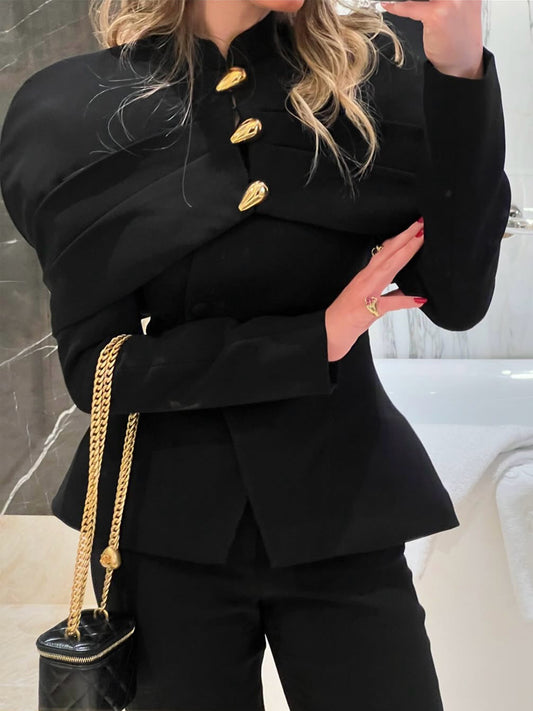 Elegant Metal Button Tight Waist Blazer