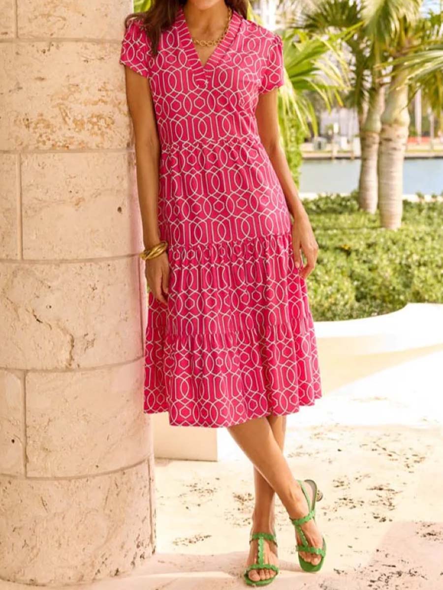 Printed V Neck Short Sleeve Dress