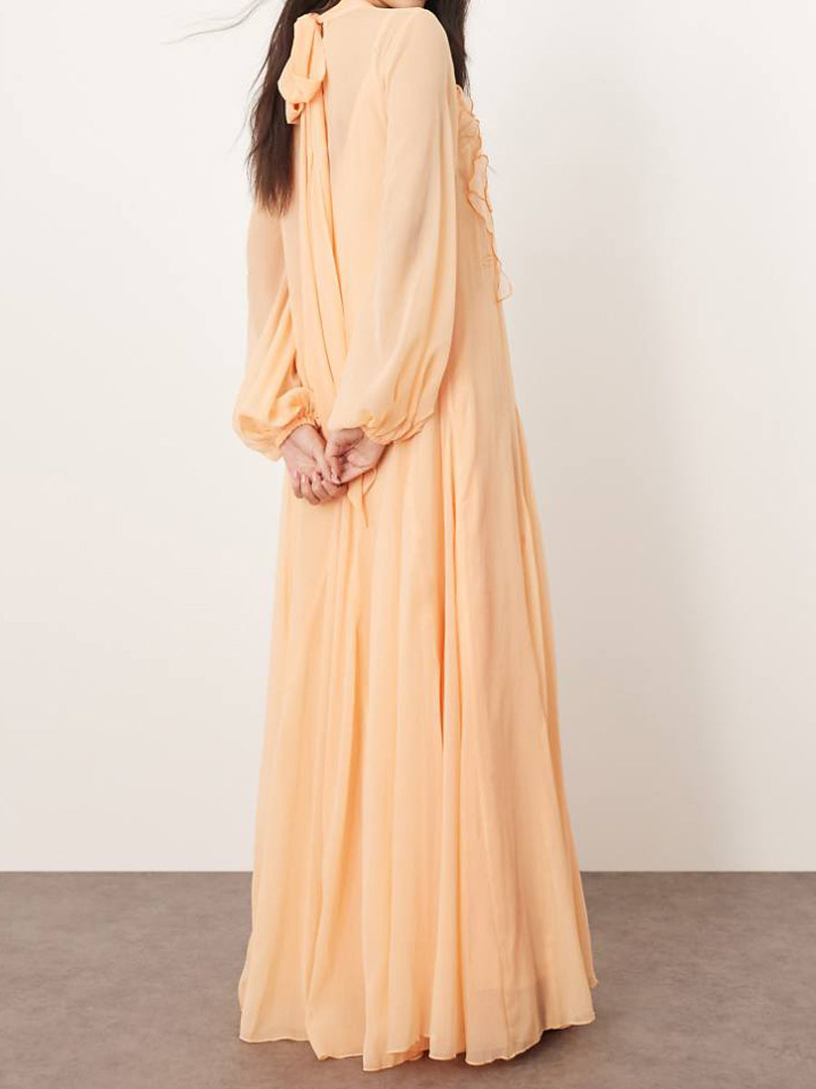 Applique Floral Tie Neck Blouson Sleeve Maxi Dress