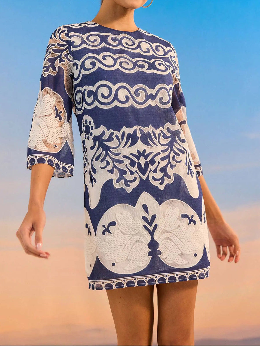 Embroidered Sheer Details 3/4 sleeves A-line Mini Dress