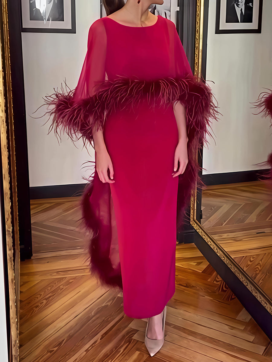 Feather Trim Cape Party Maxi Dress