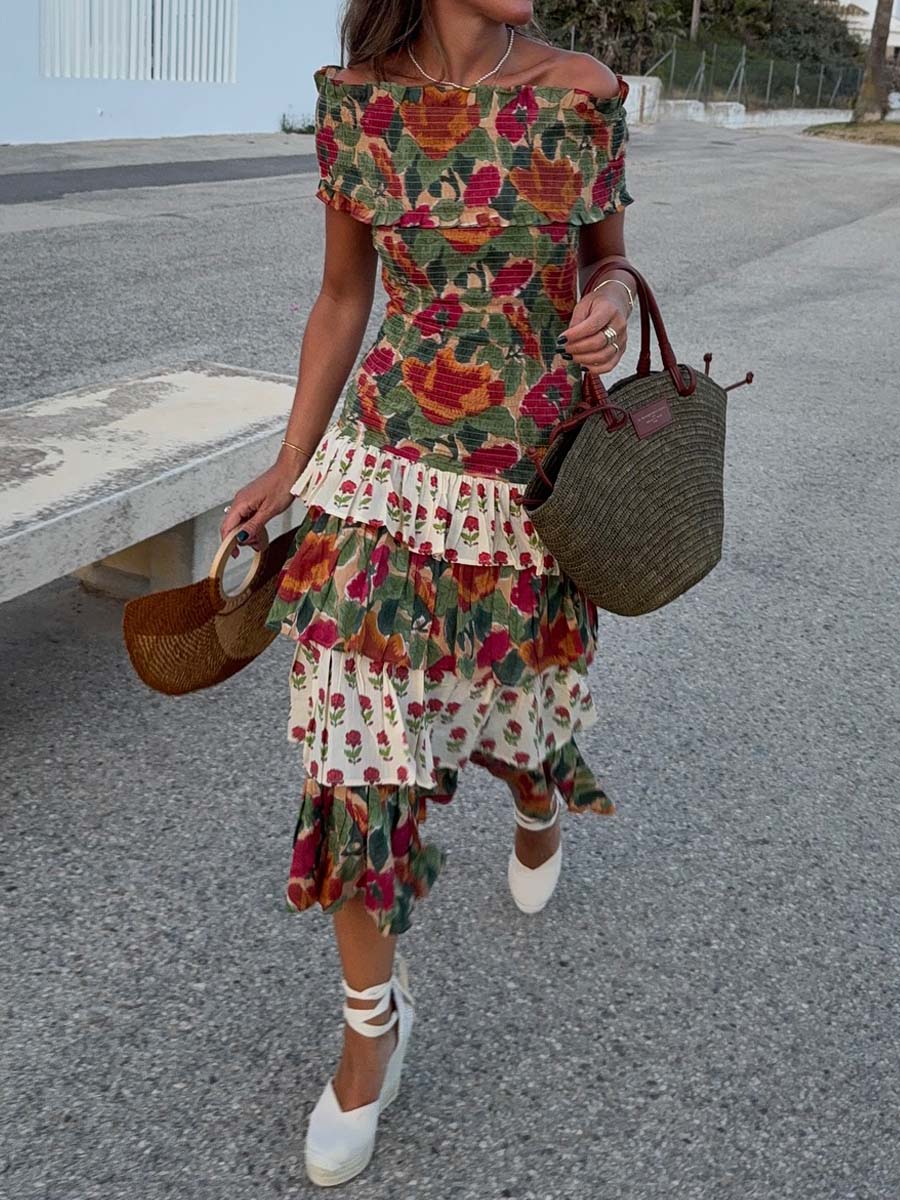 Floral Print Off Shoulder Fold Dress