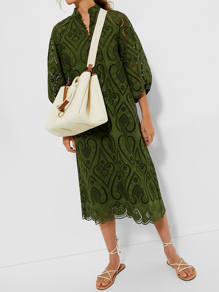 Eyelet Lace Balloon Sleeves Elasticated Cuffs Dress