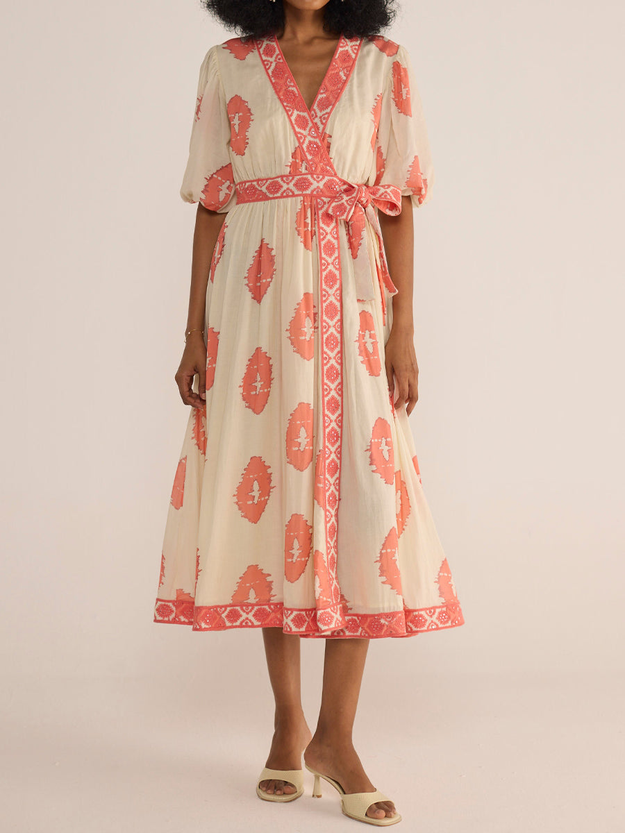 Printed Belted V Neck Wrap Dress