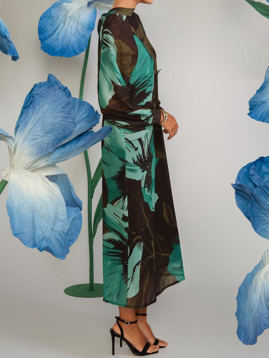 Stand-up Collar Printed Midi Dress