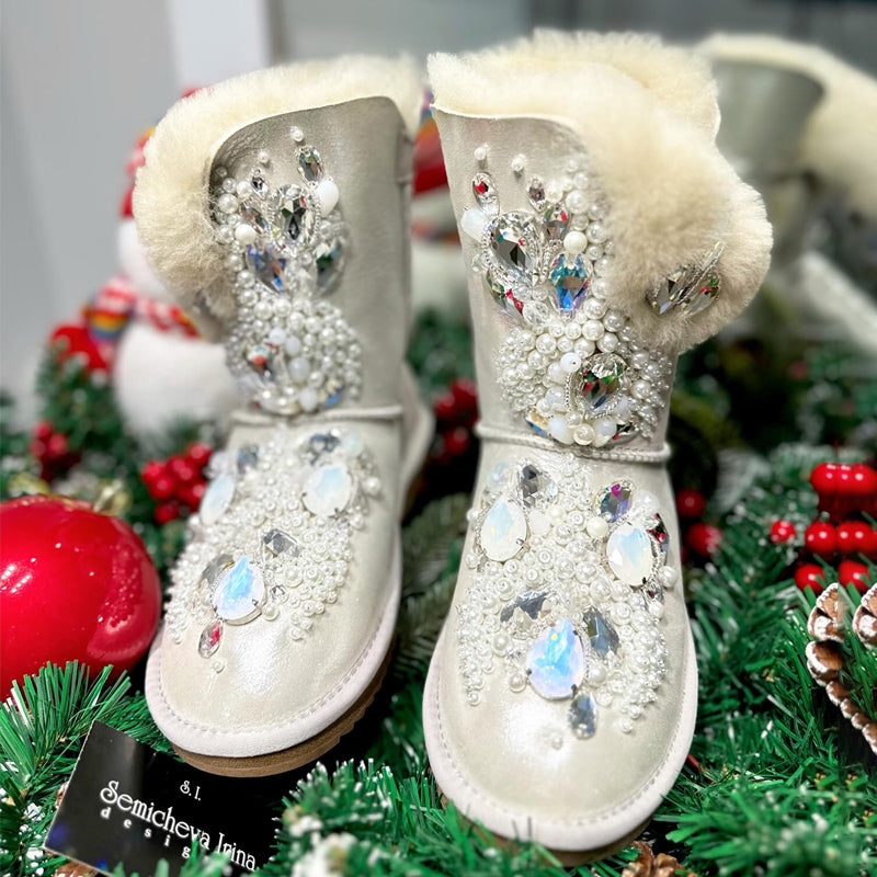 Rhinestone Sparkle Pearl Fur Snow Boots