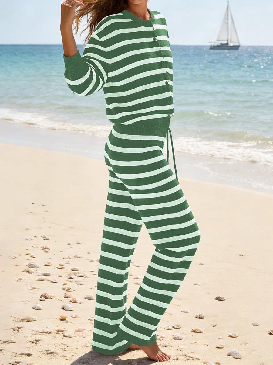 Striped Button Up Cardigan & Wide Leg Pants Two Pieces Set