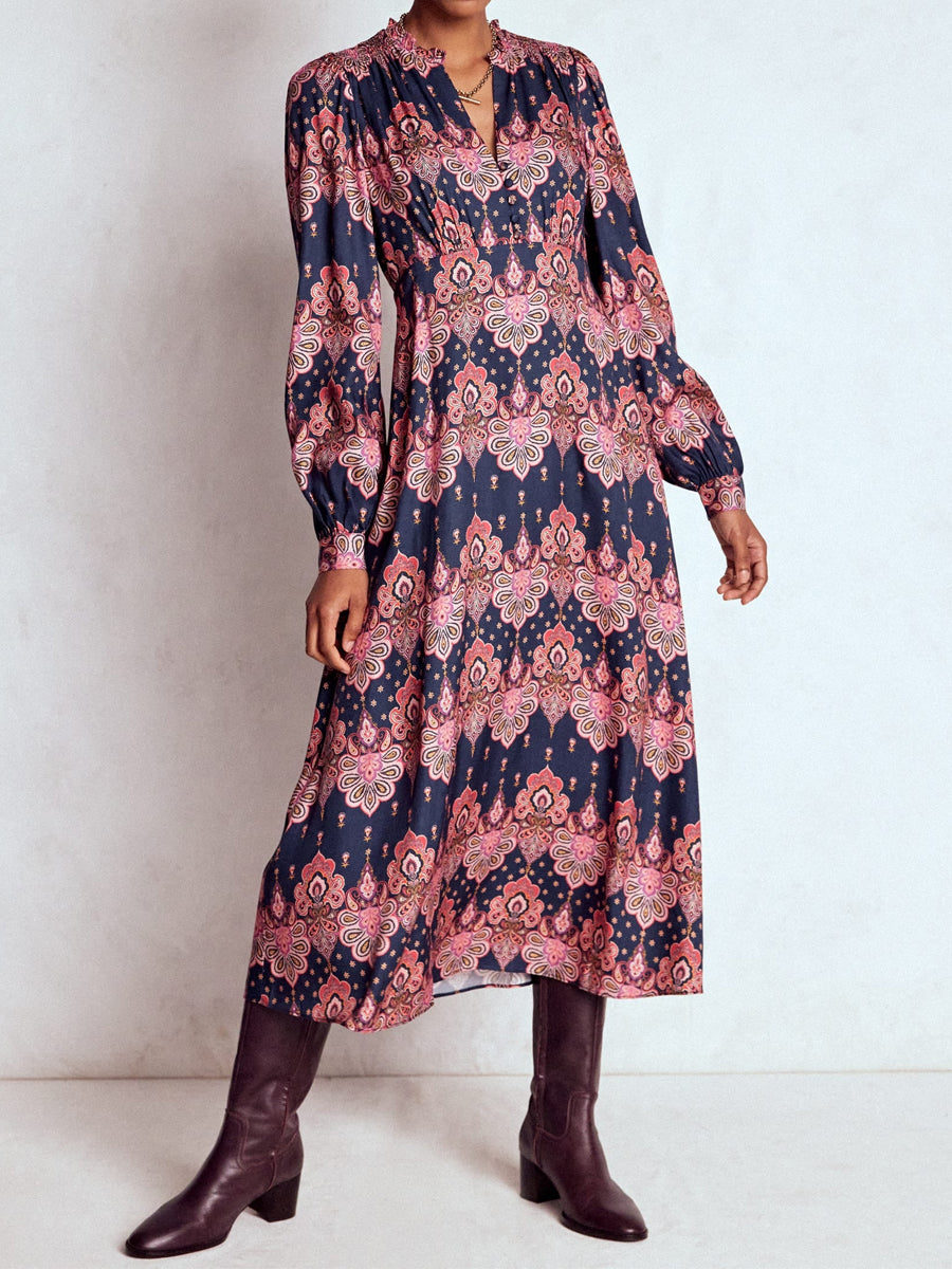 Printed V Neck Long Sleeve Dress