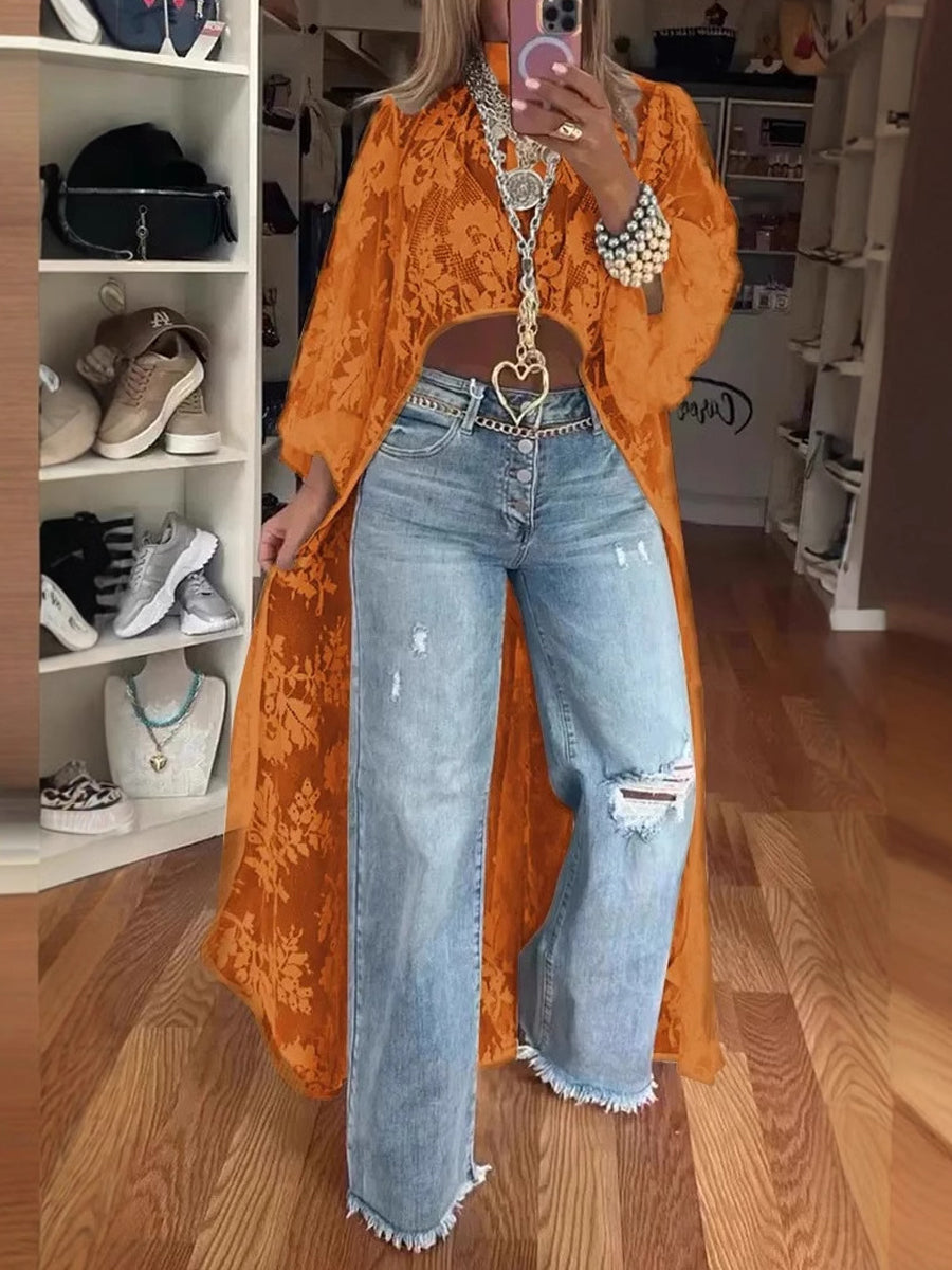 Lace Floral Long Sleeve See-through Top