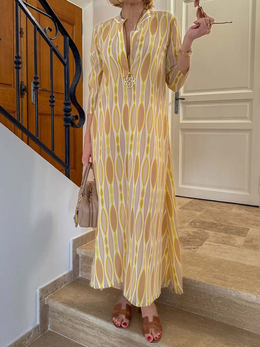 Elegant Printed Split Neck Dress