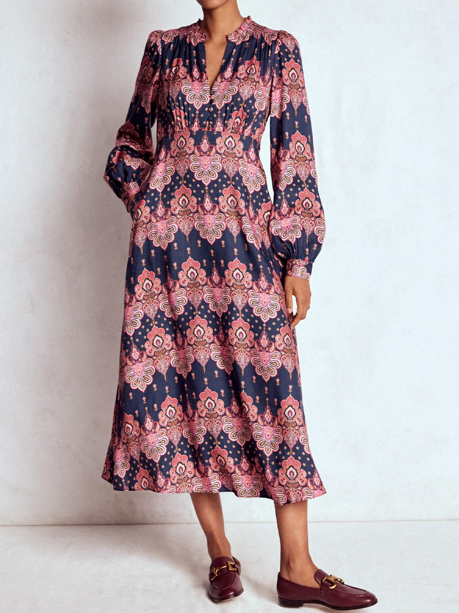 Printed V Neck Long Sleeve Dress