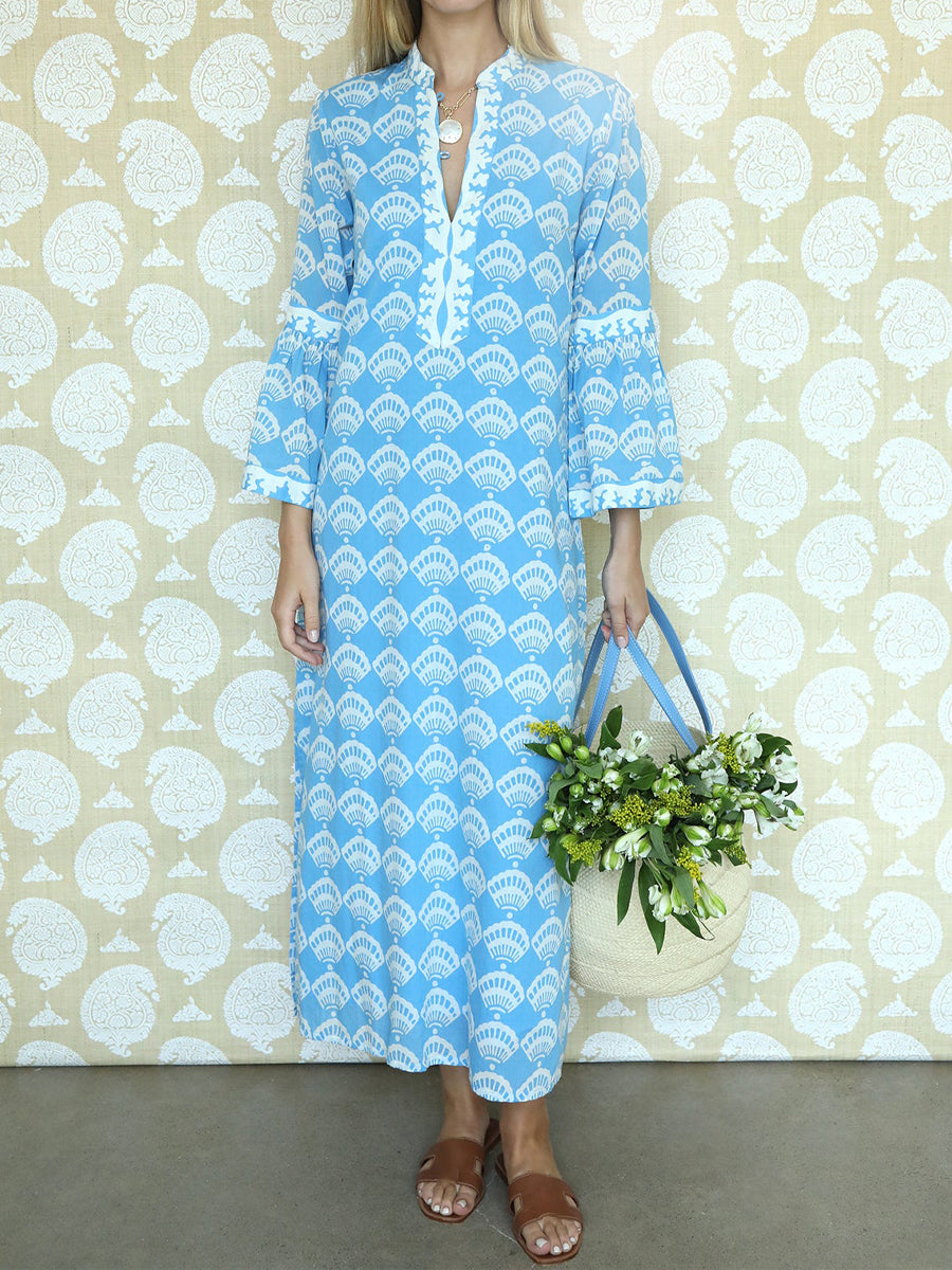 Shell Print Flared Sleeve Loose Cotton Maxi Dress