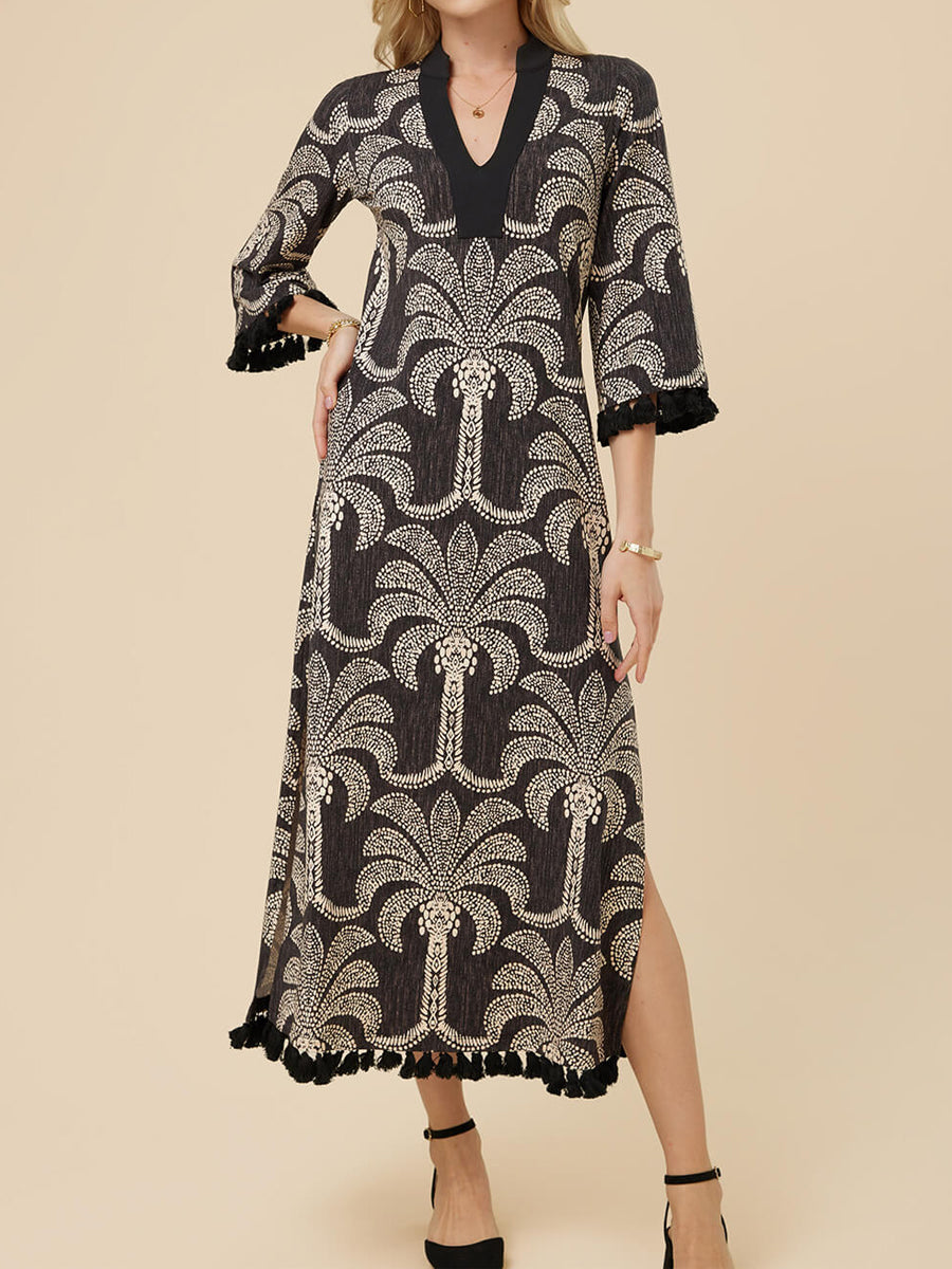 Tassel Trim Printed A-line Dress