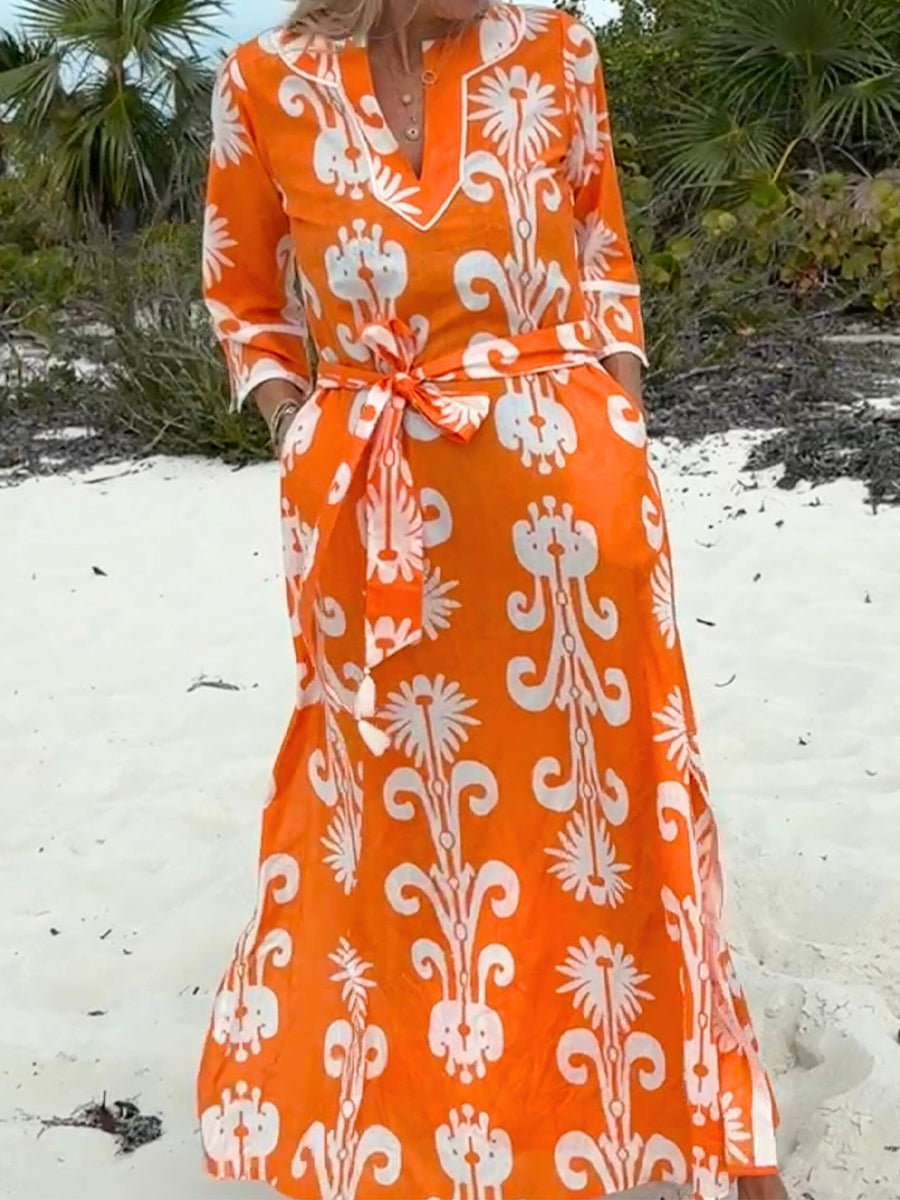 Split Neck Printed Belted Maxi Dress