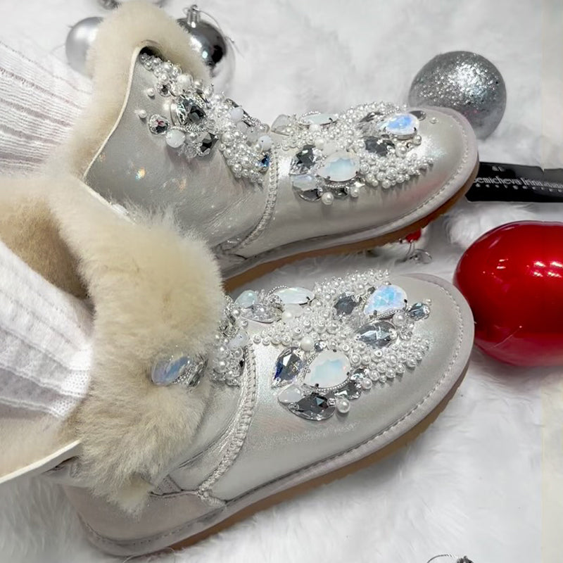 Rhinestone Sparkle Pearl Fur Snow Boots